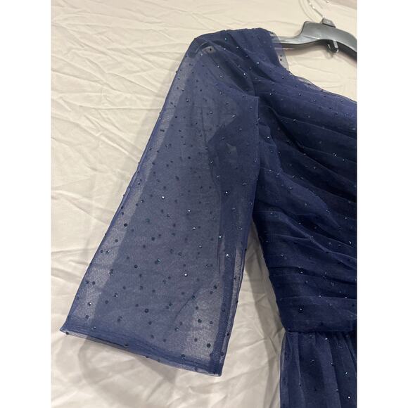 La Femme Sheer Fit & Flare Cocktail Dress Rhinestone Tulle Midnight Navy Blue - Picture 9 of 16